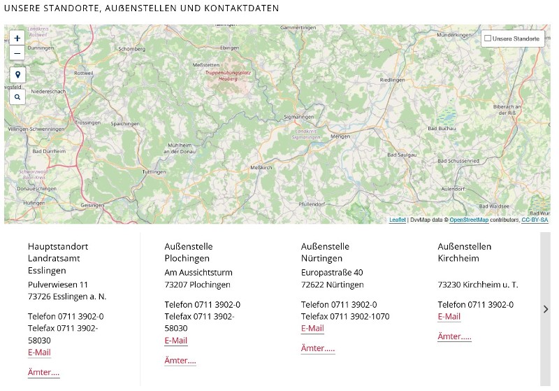 Screenshot der Startseite zu einer Karte und Ämtern des Landratsamtes
