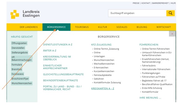 Screenshot der Startseite zu Bürgerservice